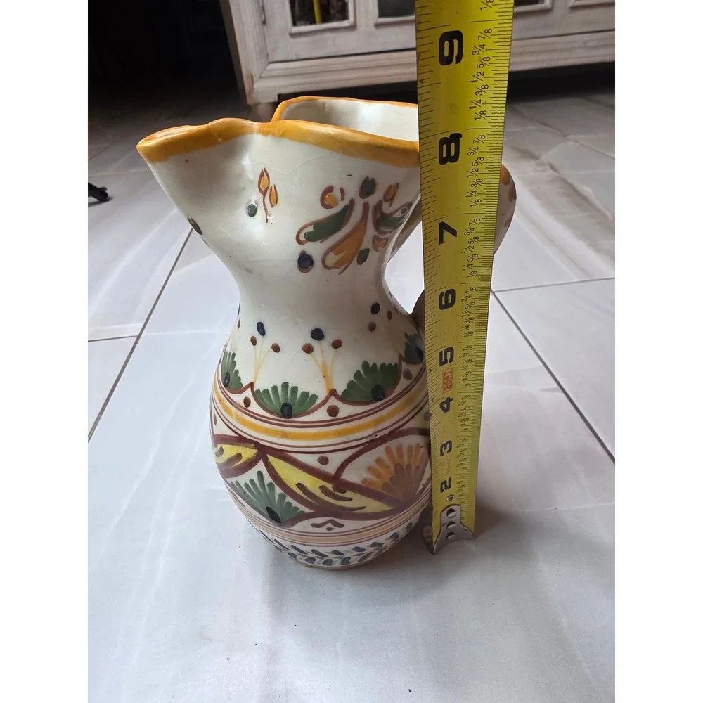 Vintage Toledo G.M. Spanish Hand‎ Painted Ceramic Pitcher Pottery Spouted Jug E1